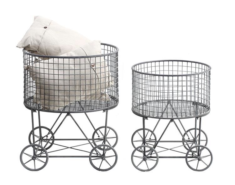 Metal Reproduction Of Vintage Laundry Baskets Wheels Set Of 2 NWT