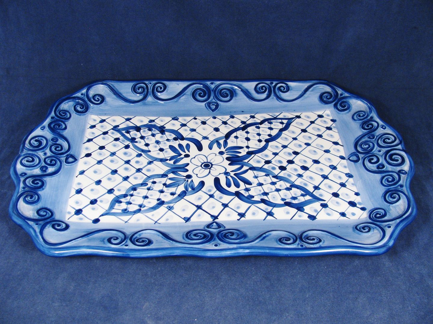 Tabletops Unlimited LISBON Oval Serving Platter/Tray White Blue Band