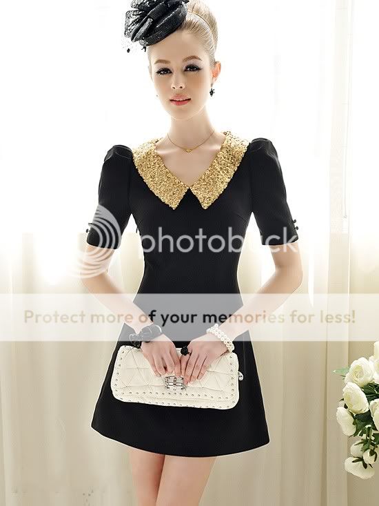2013 Womens Black Gold Sequined Lapel Slim Short Mini Dress Tops Shirts Blouse