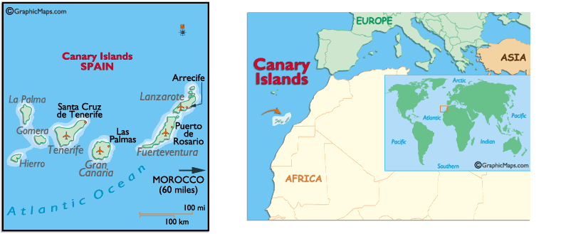 Канарские острова на карте Испании. Архипелаг Канарские острова на карте.